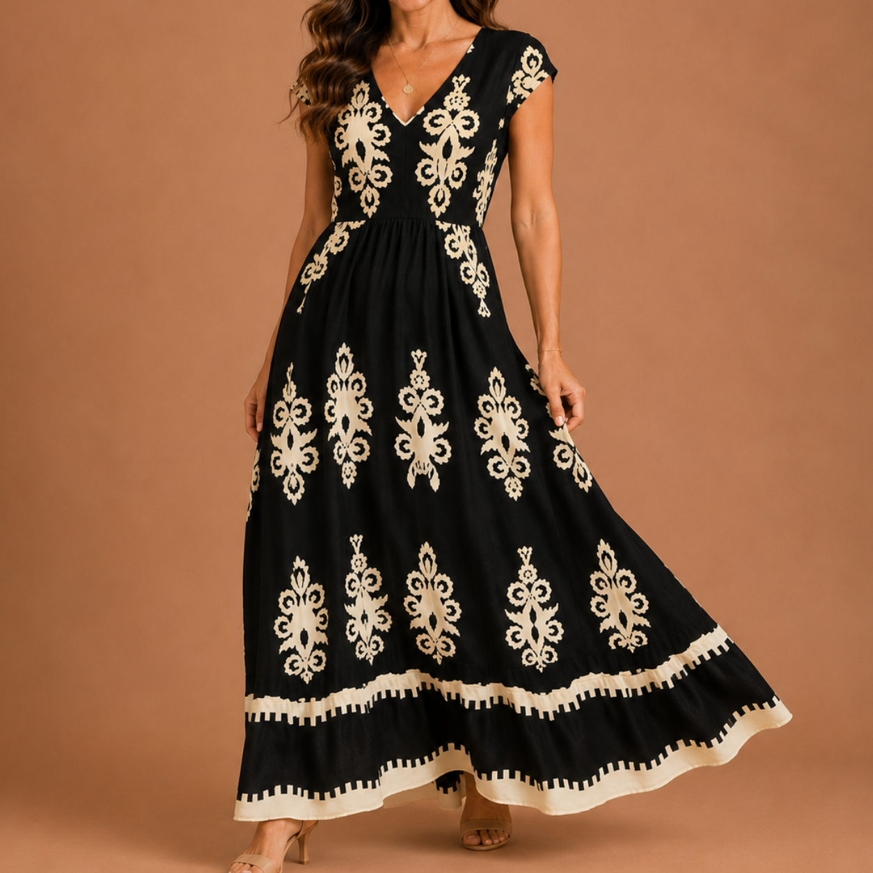 CHELSEA | Baroque V-Neck Maxi Dress