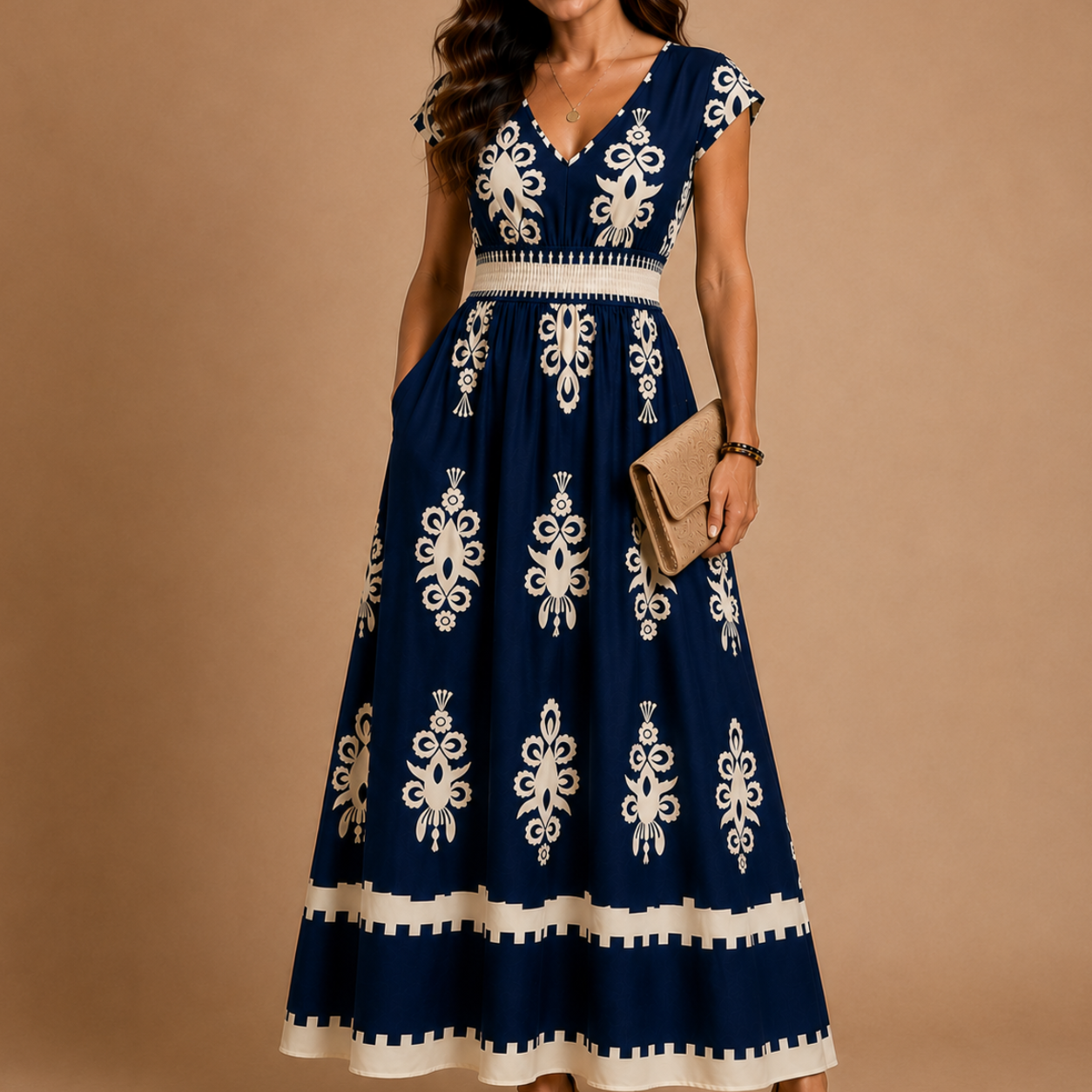 CHELSEA | Baroque V-Neck Maxi Dress