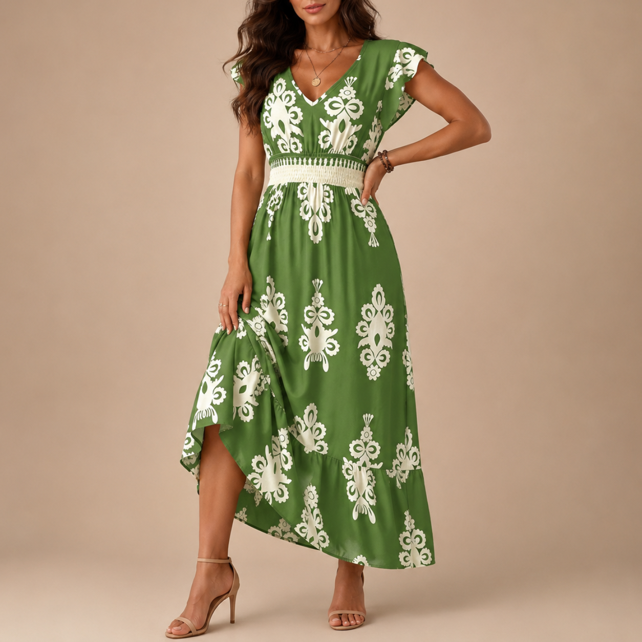 CHELSEA | Baroque V-Neck Maxi Dress