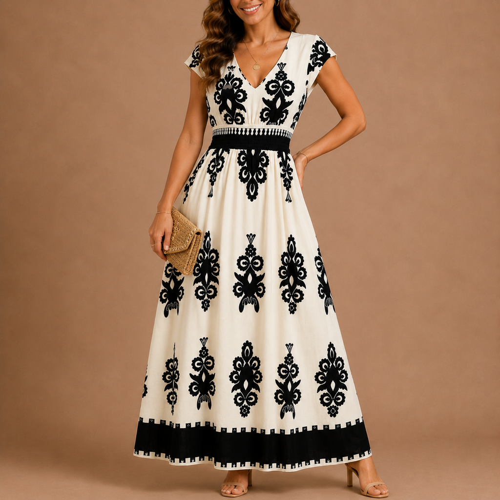 CHELSEA | Baroque V-Neck Maxi Dress