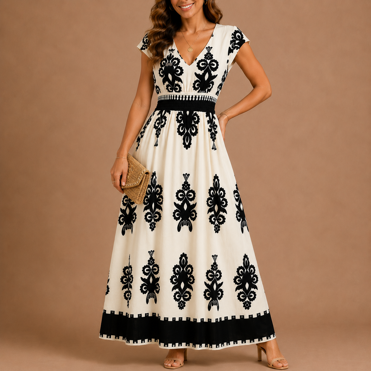 CHELSEA | Baroque V-Neck Maxi Dress